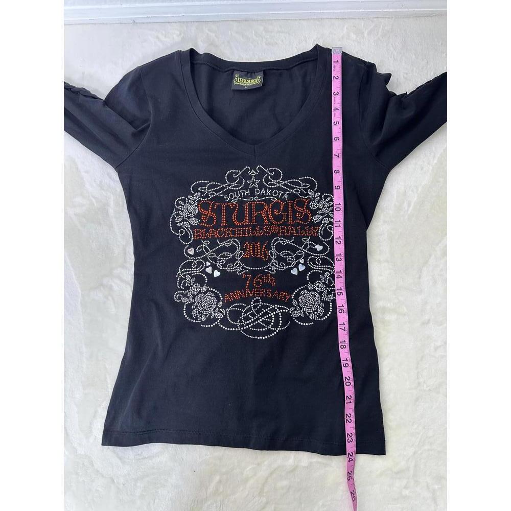 Sturgis 2016 Biker Goth Lace-Up Cutout V-Neck Tee M Rhinestone Graphic - Picture 8 of 8